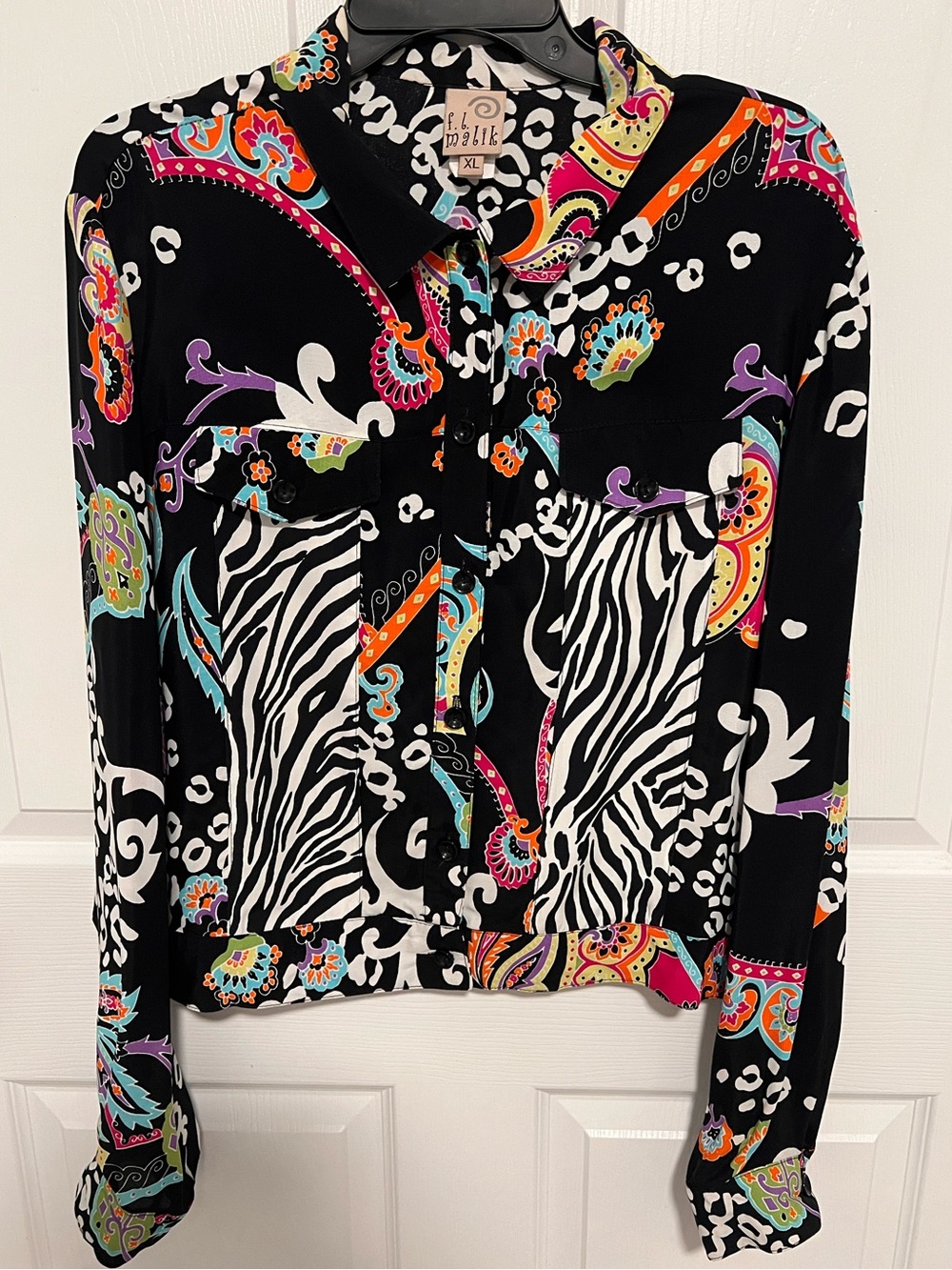 VTG F.L. Malik Mixed Print Button Down Blouse Size XL Multicolor Artsy Boho